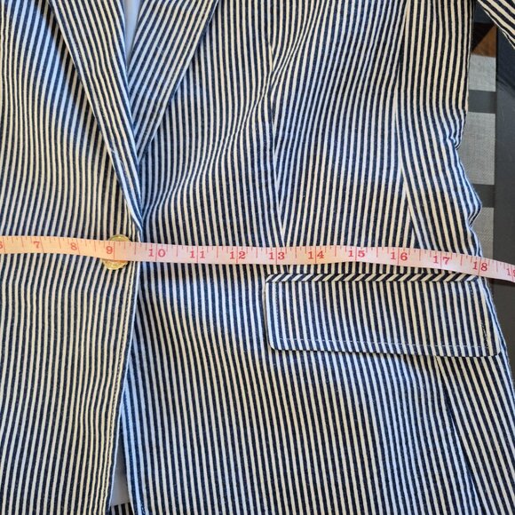 Anne Klein Women’s Blazer Size S Blue White Pinstripe 98% Cotton Single Button - Picture 10 of 15